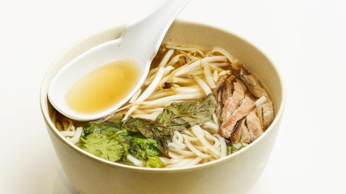 Beef pho features flank steak, rice noodles, bean sprouts, beef bone broth, Thai basil, cilantro and condiments at Oki Momo Asian Grill in San Luis Obispo. The restaurant has closed indefinitely.