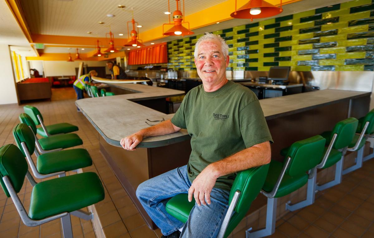 General manager Patrick Lynch sits in Taco Temple’s second location, which will open soon in San Luis Obispo in the former Margie’s Diner building. This location will be in addition to its Morro Bay restaurant.