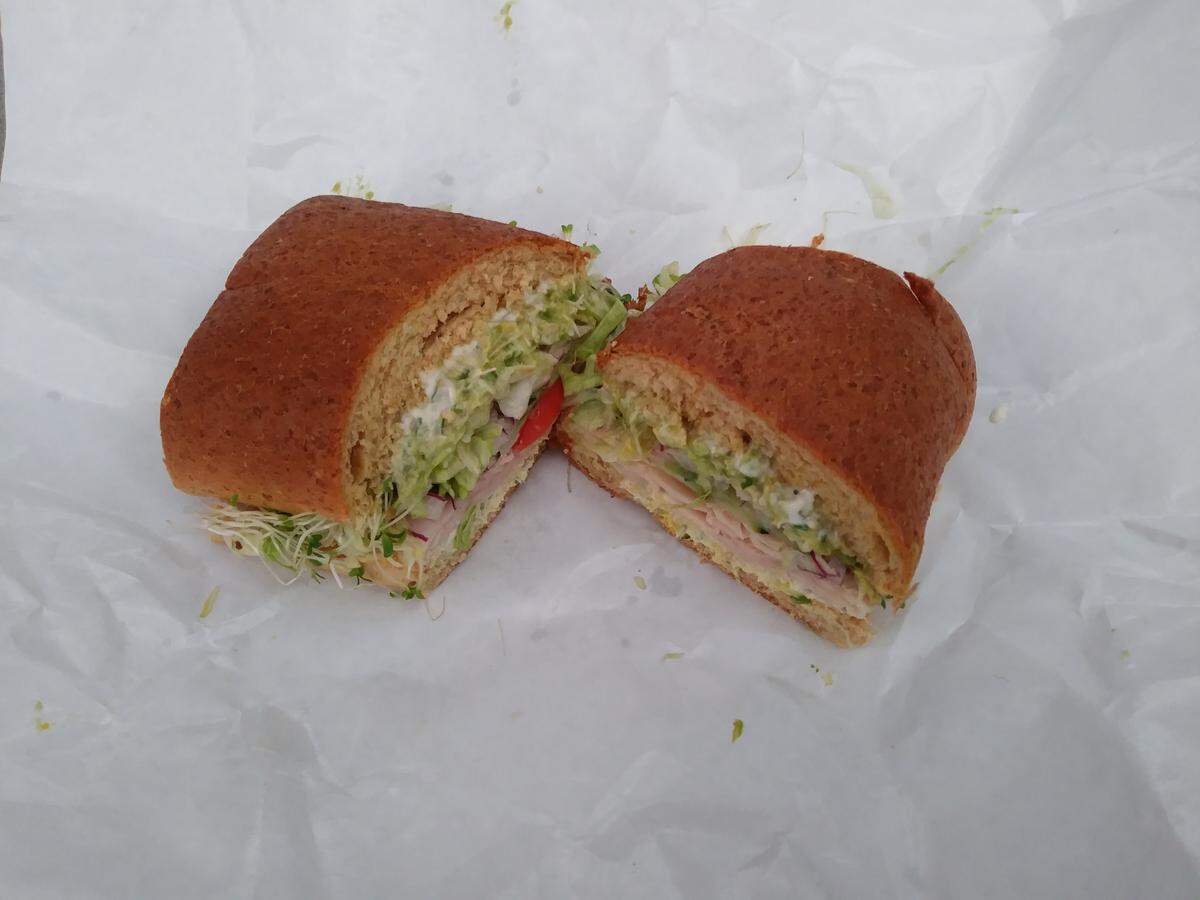 A Turkey Veggie half-sized sandwich from Gus’s Grocery.