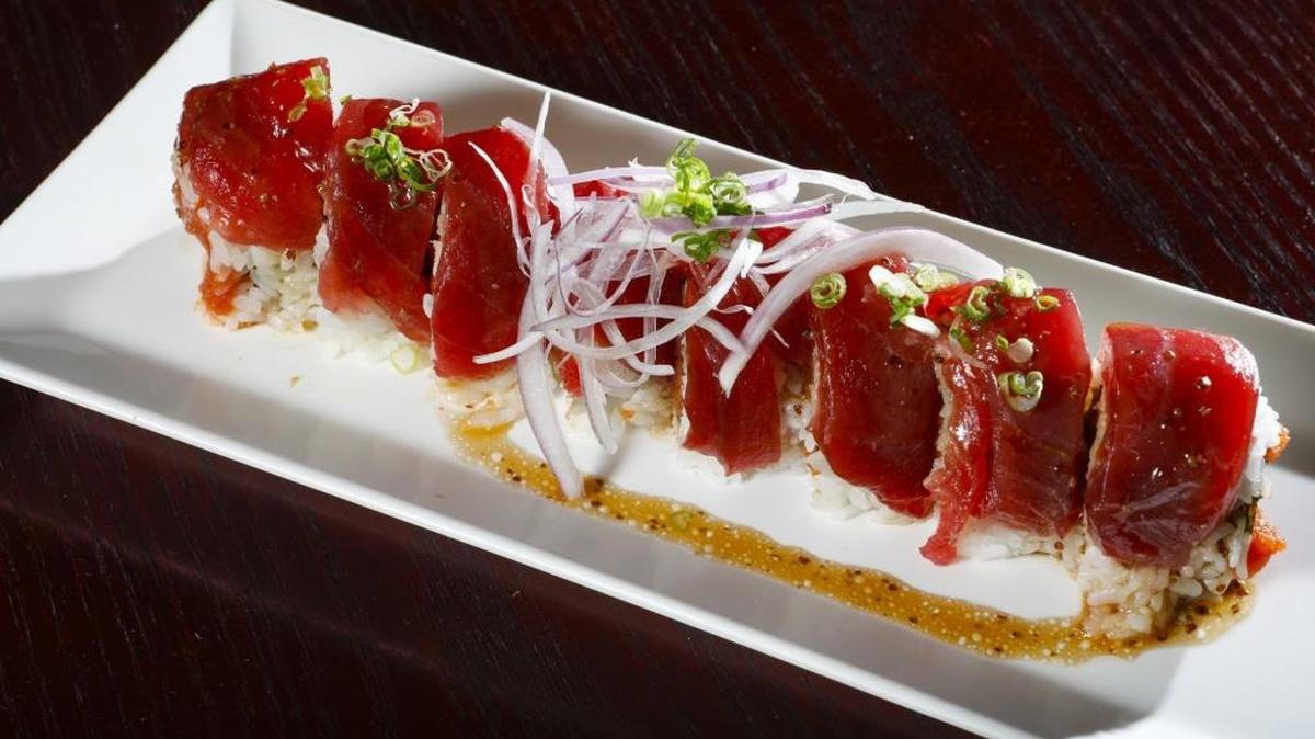 The Hawaiian roll at Crazy Sushi Fever in Atascadero features spicy tuna, cucumber and avocado, topped with fresh tuna, red onion and ponzu.