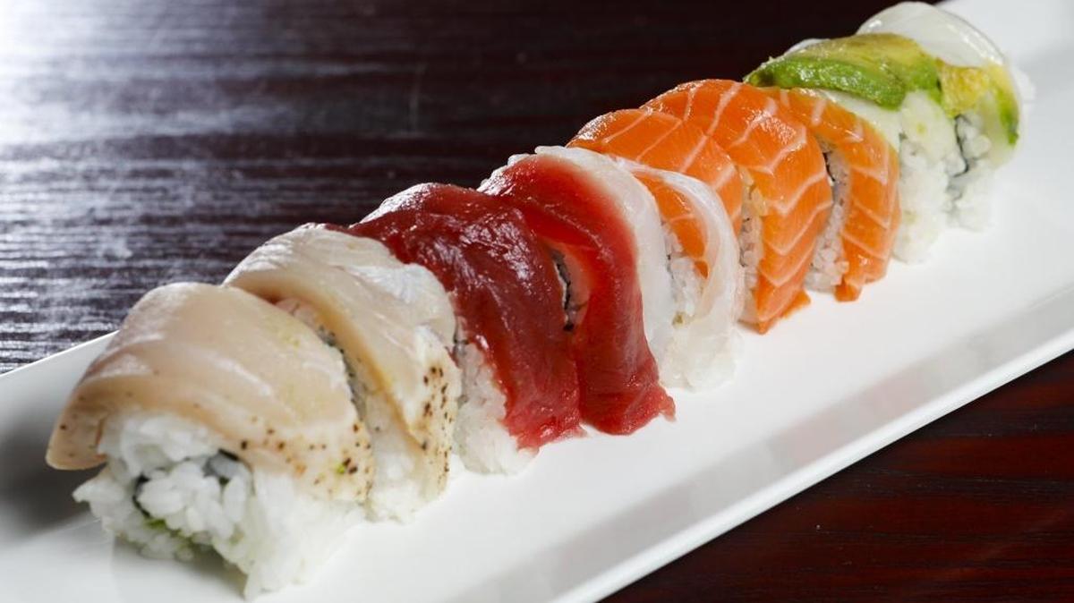 The Rainbow Roll at Crazy Sushi Fever in Atascadero features a California Roll topped with escolar, avocado, salmon, halibut, tuna and albacore.