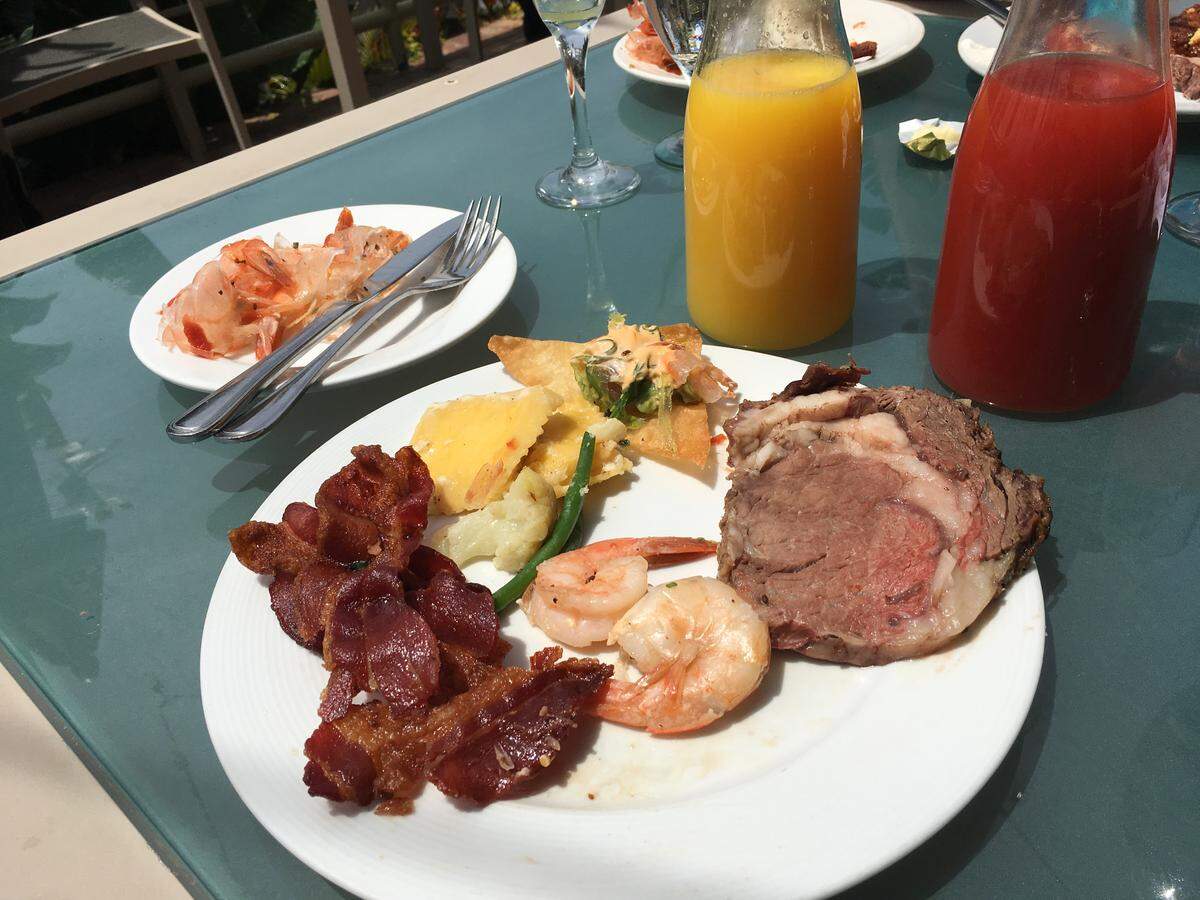 Sunday brunch offerings include meat, fish and jumbo shrimp at Marisol at The Cliffs Resort in Pismo Beach.