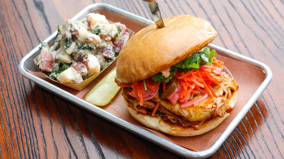 A smoked pork bahn mi sandwich is among the menu options at Jeffry’s Wine Country BBQ in Paso Robles.