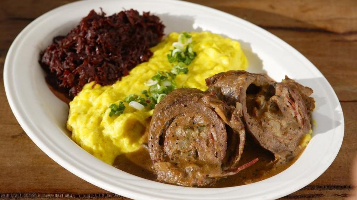 Rouladen — bacon, onion and pickle rolled in tenderized beef slices with brown gravy, mashed potatoes and red cabbage — at Beda’s Biergarten in San Luis Obispo.