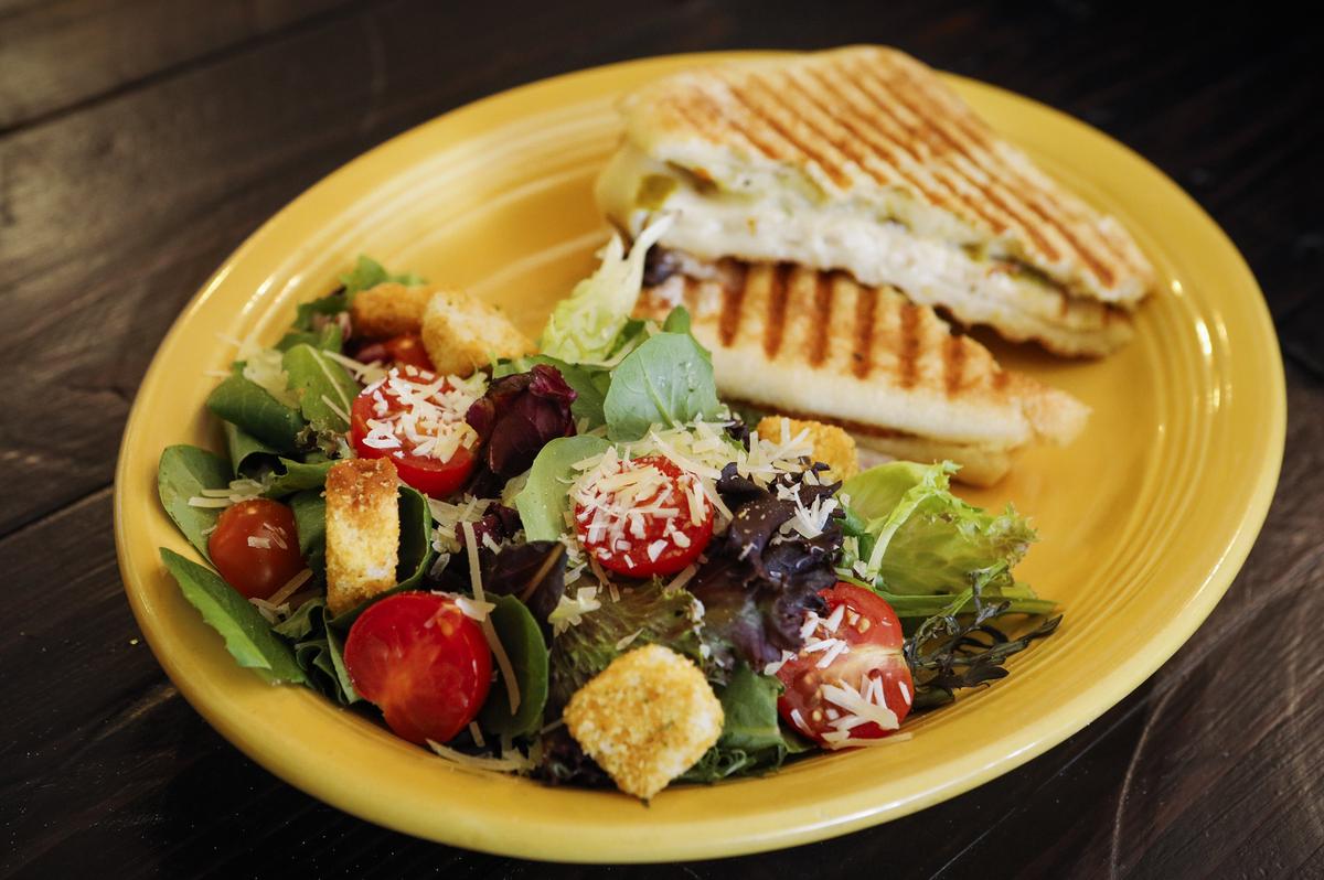 Jacked up Chicken is served with a green salad at the Gourmet Deli at Old Edna at Sextant Wines in San Luis Obispo.
