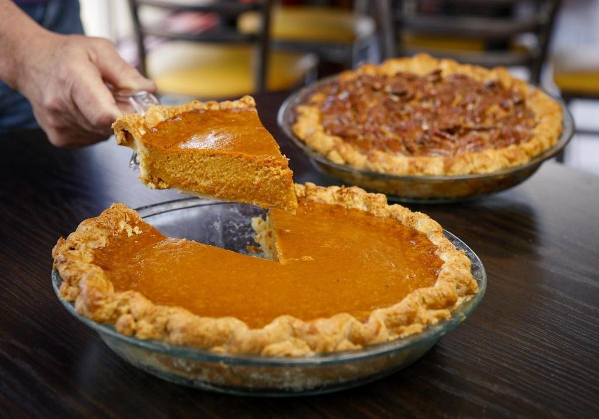 SLO Provisions in San Luis Obispo serves up slices of Southern silky pumpkin pie, front, and Grandma’s pecan pie.