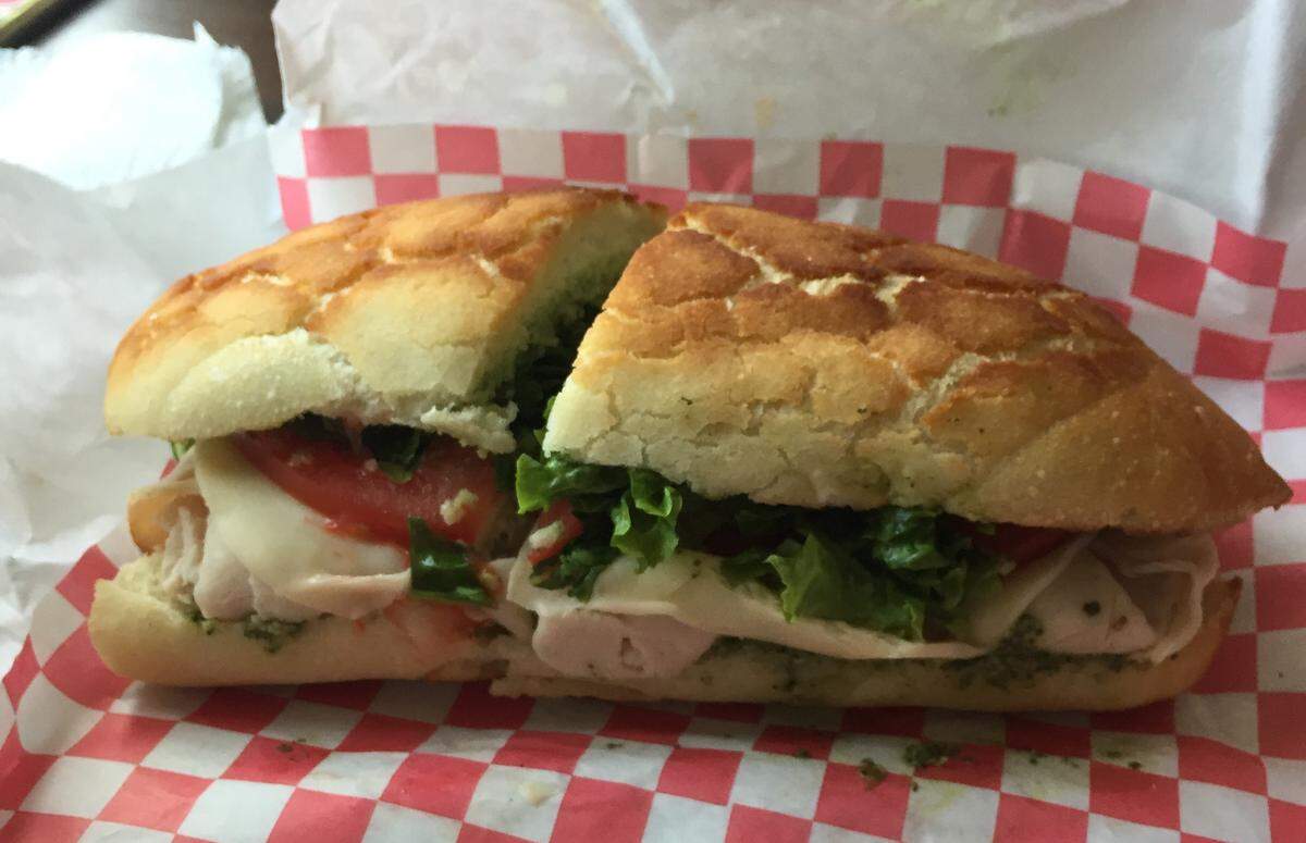 The turkey pesto sandwich at Sando’s Deli in Pismo Beach comes with turkey, avocado, provolone, tomato, lettuce and pesto on a Dutch crunch roll.