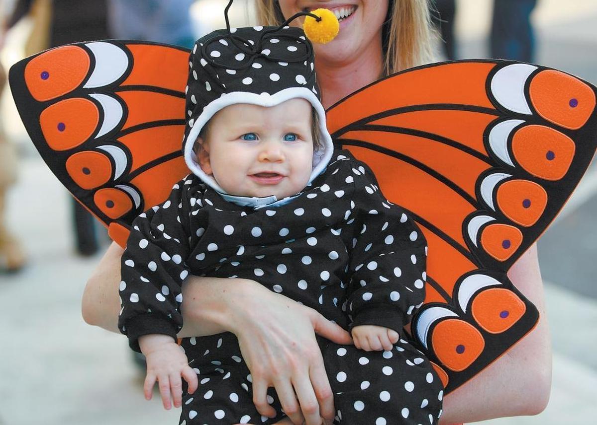 Six-month-old Kayden Jones of San Miguel, dressed as a butterfly, rides in the arms of mom McKaye during the Safe and Fun Halloween Downtown event in Paso Robles.