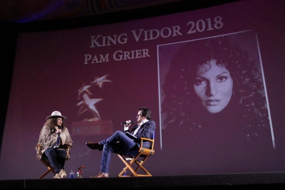 Turner Classic Movies host Ben Mankiewicz interviews actress Pam Grier onstage at the Fremont Theater in San Luis Obispo on March 17, 2018, during the the San Luis Obispo International Film Festival. Grier received the festival's highest honor, the King Vidor Award for Excellence in Filmmaking.
