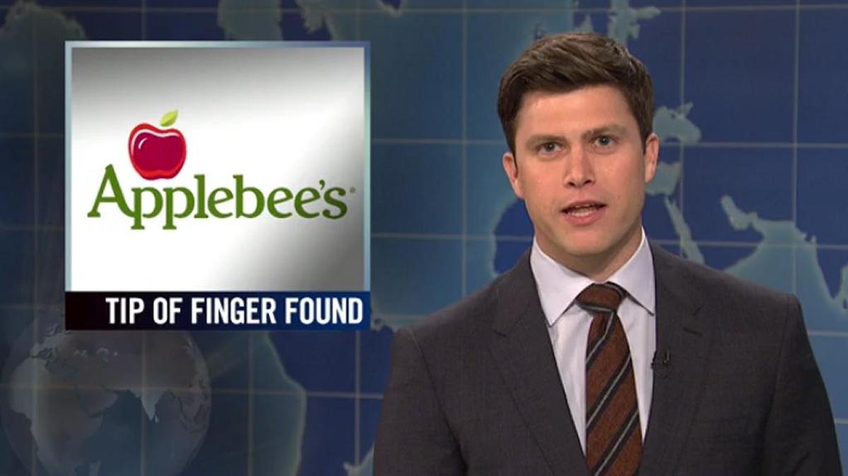 “Weekend Update” anchor Colin Jost jokes about a severed fingertip found in a salad at the Applebee’s restaurant in Paso Robles on the Jan. 16, 2016, episode of “Saturday Night Live.”