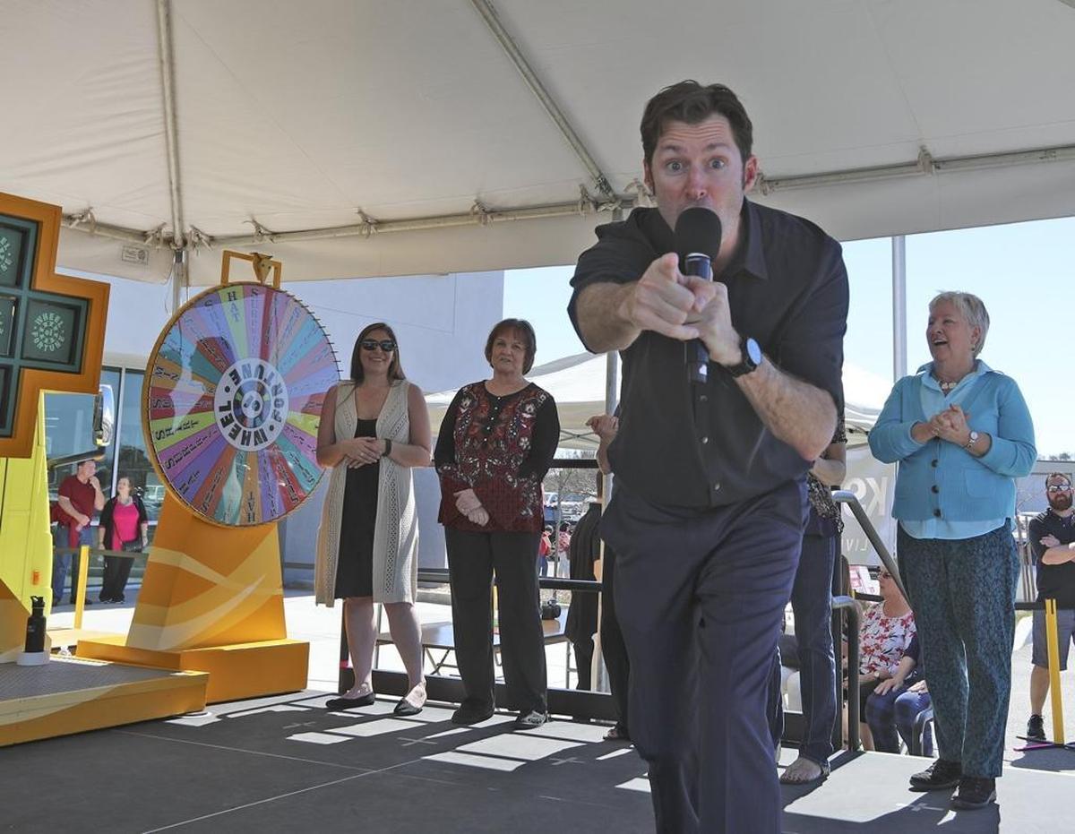 “Wheel of Fortune” traveling show host Marty Lublin, whips up the crowd at a Wheelmobile tryout at Mullahey Chrysler Dodge Jeep Ram in Paso Robles in March 2017.