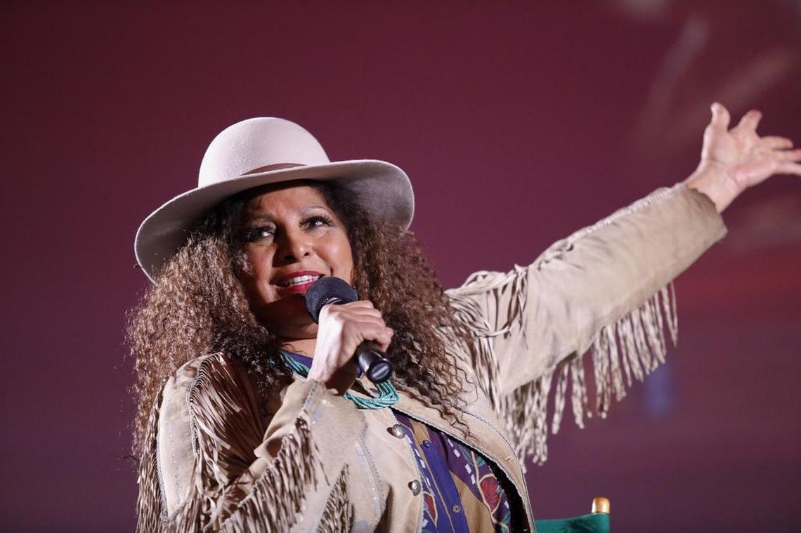 The King Vidor and Independent Film Awards was held at the Fremont Theater in San Luis Obispo, Saturday, March 17, 2018. Pam Grier is animated as she speaks onstage with Turner Classic Movies host Ben Mankiewicz.