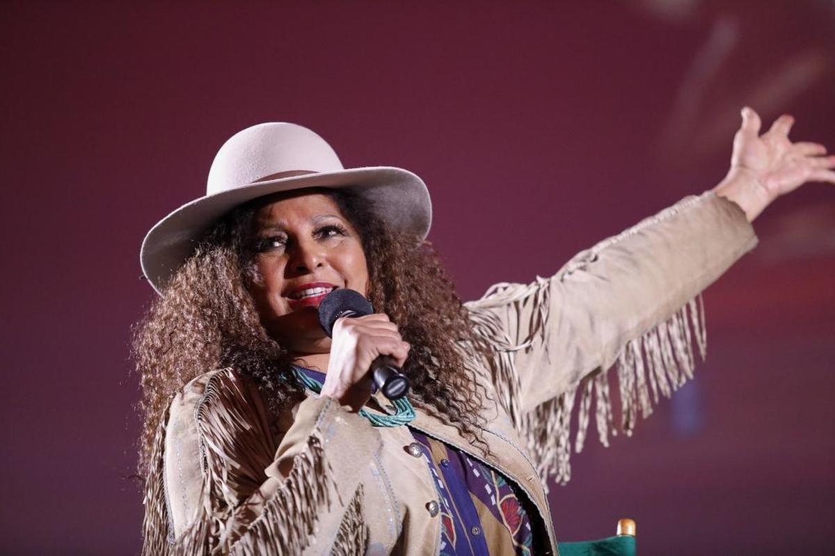 The King Vidor and Independent Film Awards was held at the Fremont Theater in San Luis Obispo, Saturday, March 17, 2018. Pam Grier is animated as she speaks onstage with Turner Classic Movies host Ben Mankiewicz.