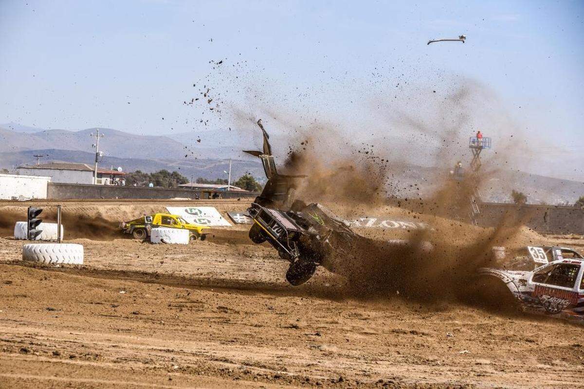 Parts fly off of Brad DeBerti’s truck during a crash at Baja International Short Course at Estero Beach in Ensenada, Mexico, in 2015. DeBerti rolled 7 times and suffered a severe concussion and fractured vertebrae.