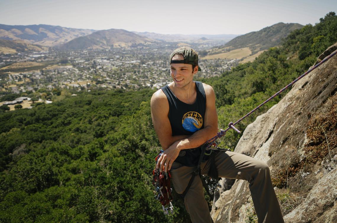 Firefighter and Cal Poly graduate Thomas Kofron takes a break after climbing up Cracked Wall at Bishop Peak in San Luis Obispo. After making it through a June 6 qualifying episode of NBC's "American Ninja Warrior," he's headed to the show's Los Angeles City Finals, airing on July 16.