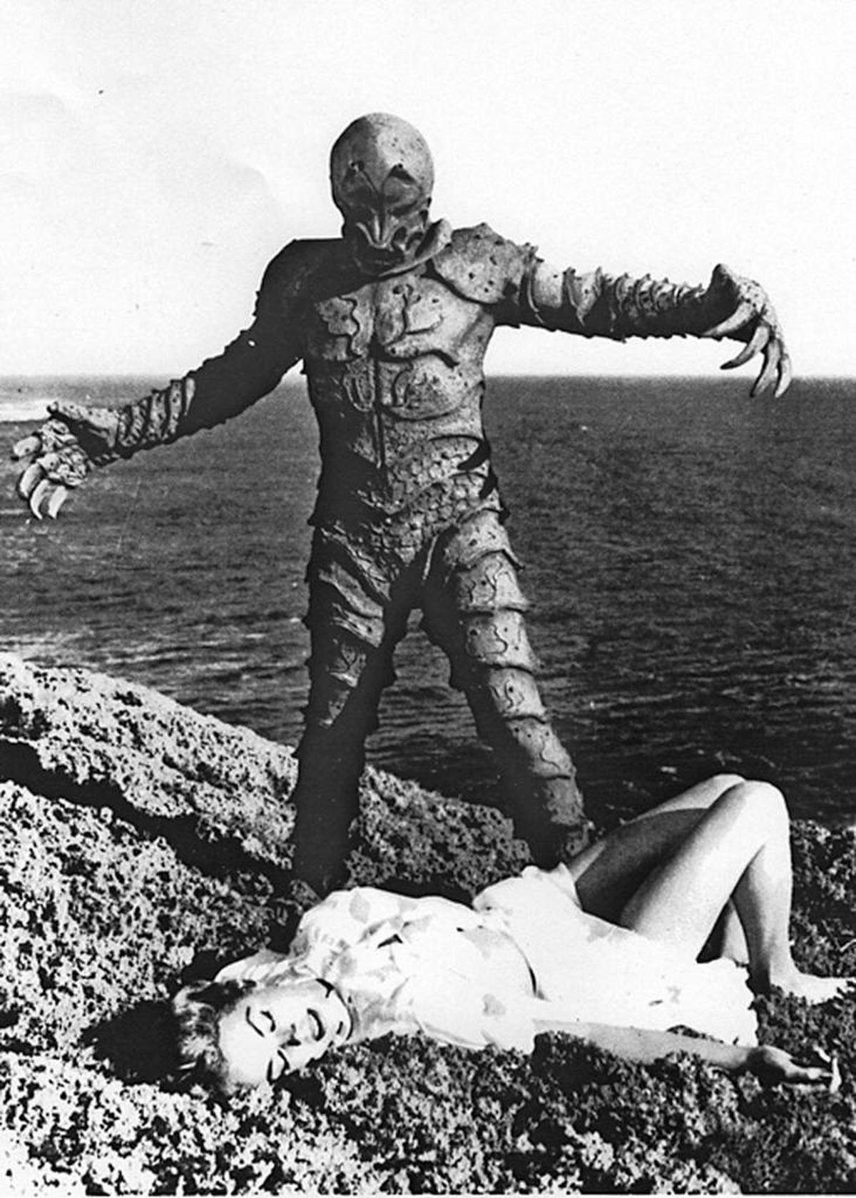 A monster menaces a woman in “The Monster of Piedras Blancas,” filmed in Cayucos.