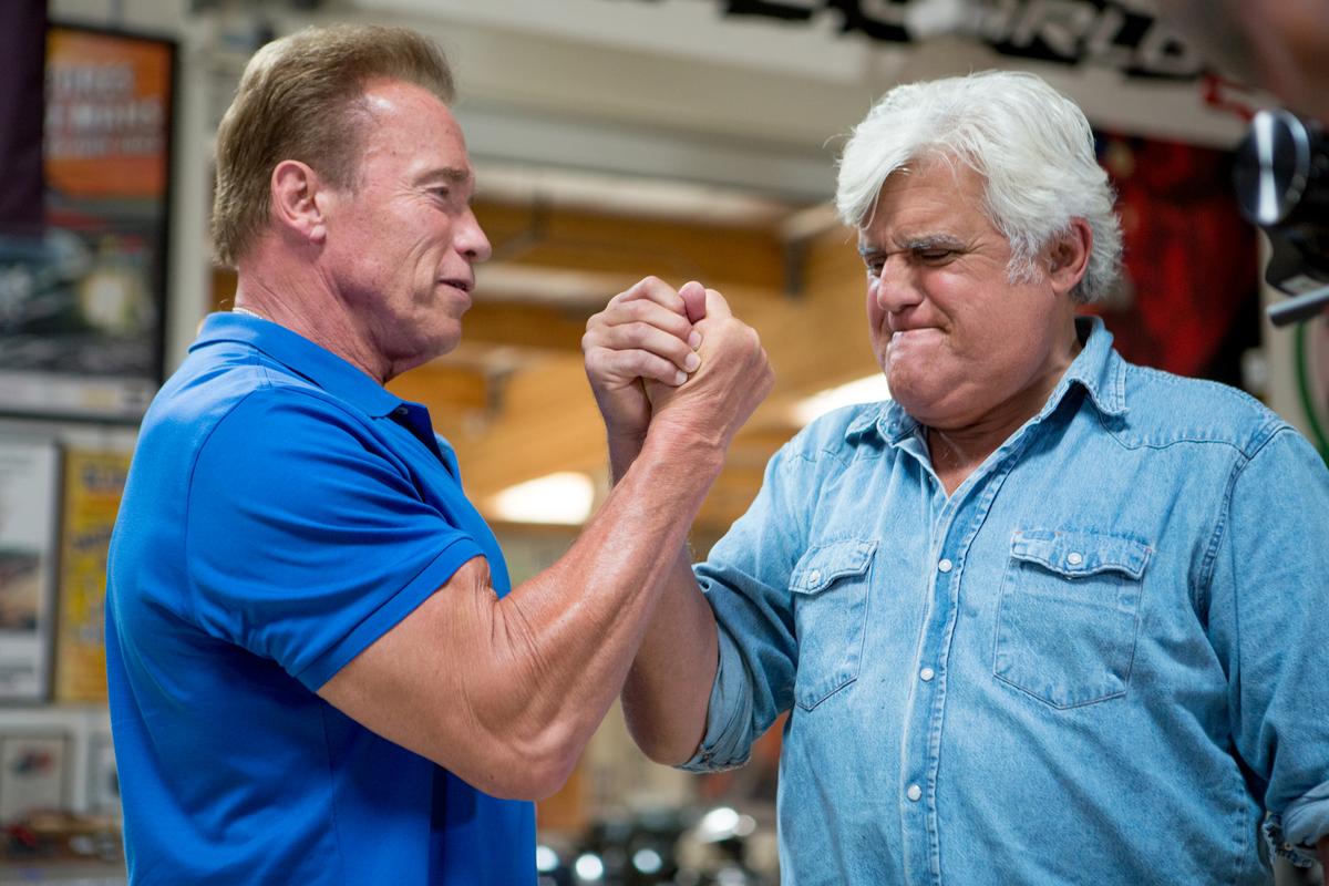 Arnold Schwarzenegger and Jay Leno appear on an episode of CNBC's "Jay Leno's Garage."