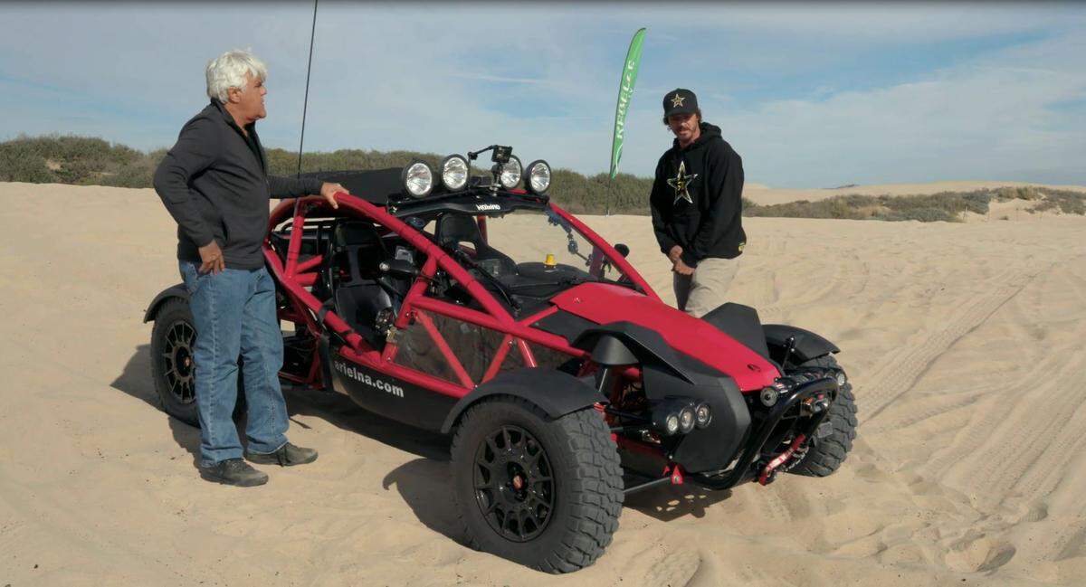 "Jay Leno's Garage" host Jay Leno and professional skateboarder Bucky Lasek check out an Ariel Nomad in a May 10, 2018, episode of CNBC's "Jay Leno's Garage." Leno and Lasek shot the episode in the Oceano Dunes in November 2017.