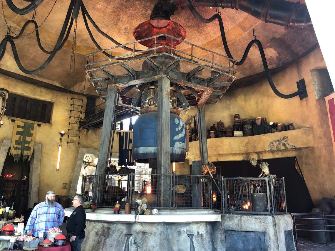 Meat roasts over a podracing engine at Ronto Roasters at Disneyland’s Star Wars: Galaxy’s Edge. The new “Star Wars”-themed theme park attraction opens on Friday, May 31, 2019, in Anaheim, California.