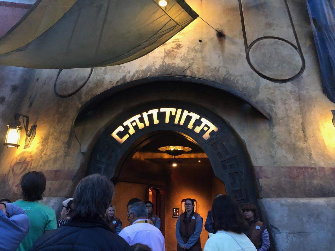 A simple sign marks the entrance to Oga’s Cantina in Disneyland’s Star Wars: Galaxy’s Edge. The new “Star Wars”-themed theme park attraction opens on Friday, May 31, 2019, in Anaheim, California.