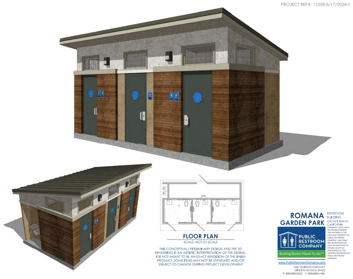 Concept art shows a model of new bathrooms to be installed in Ramona Garden Park in Grover Beach, which will start construction in the late spring or summer of 2025.