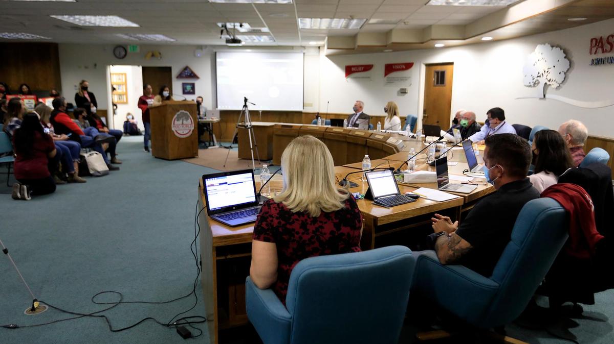 The Paso Robles Joint Unified School District board of trustees listens as teachers, parents and community members call for higher wages during a meeting on Tuesday, Oct. 12, 2021.
