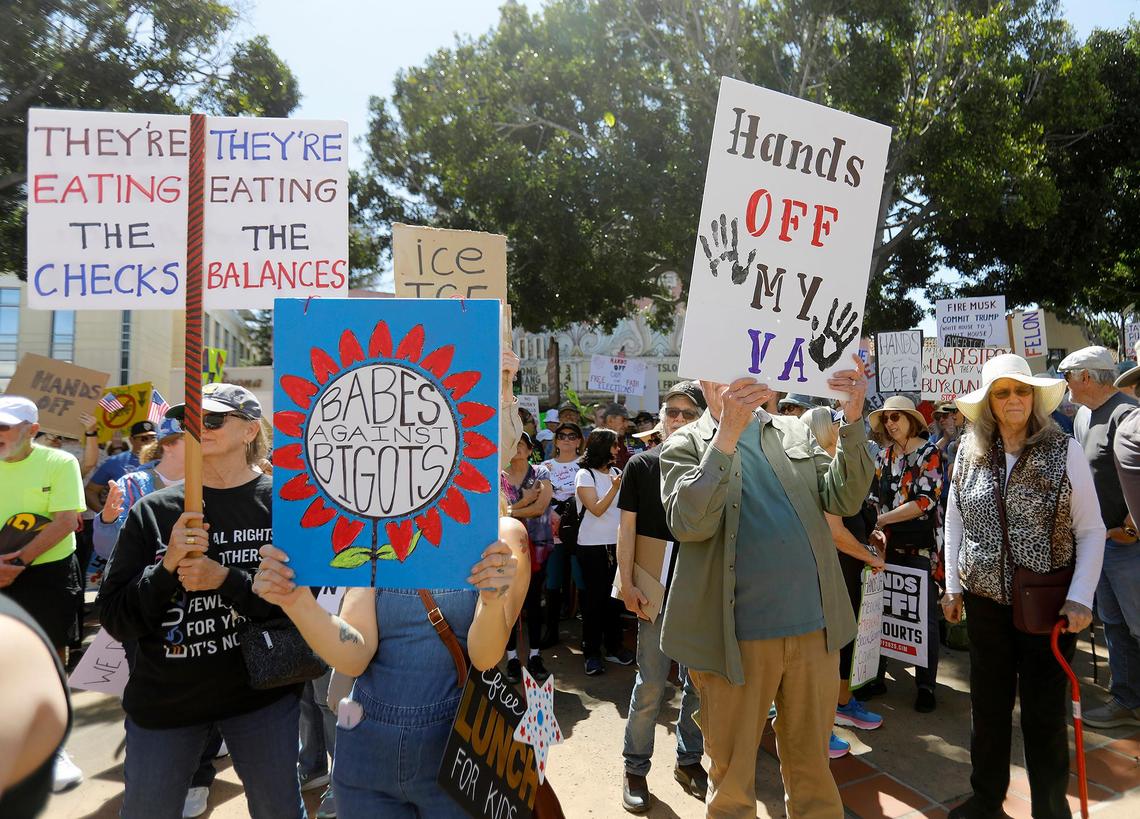 Thousands of people gather at San Luis Obispo Superior Court in California as part of the “Hands Off!” rally to protest President Donald Trump and his advisor Elon Musk.