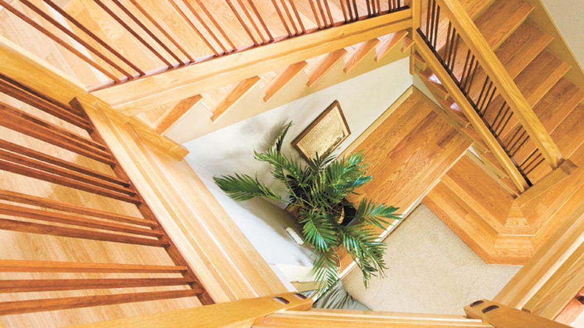 The staircase leading to the renovated basement is built from a combination of woods, including oak for the handrails and jarrah for the spindles.