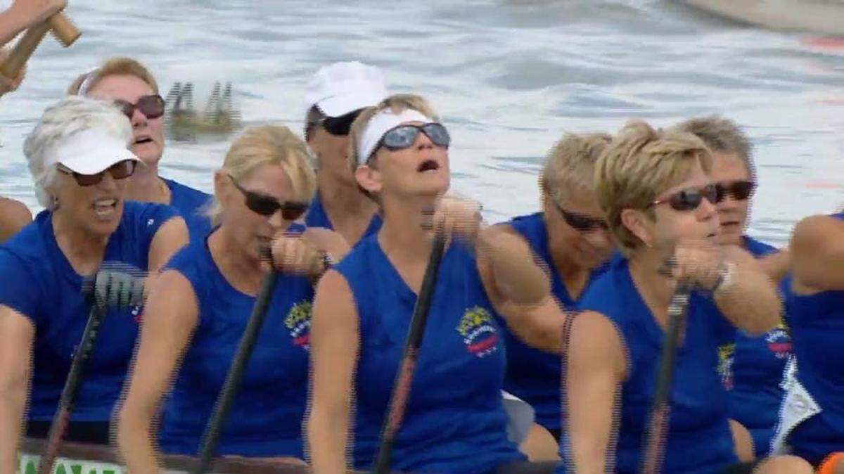 Cambria Real Estate broker Becky Adams (far left with white visor) with her team, “Southern Heat,” paddled fast enough to win gold medals in the 200-meter and 500-meter Small Boat races at the Club Crew Championships in Szeged, Hungary, in July.