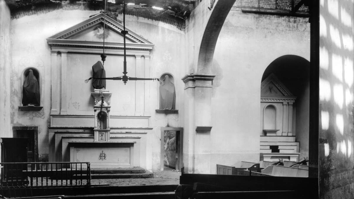 The fire-ravaged roof of the Old Mission on March 28, 1920.