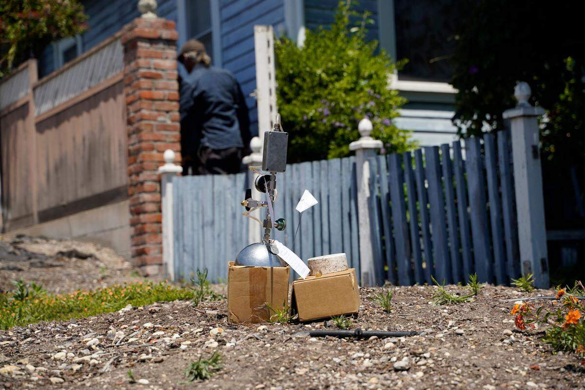 Soil vapor testing sits in the front yard of the property next door to Susan Flores’ home on East Branch Street in Arroyo Grande as part of the Kristin Smart investigation on May 6, 2026. Susan Flores is the mother of Paul Flores, who was convicted of Smart’s murder in 2022.