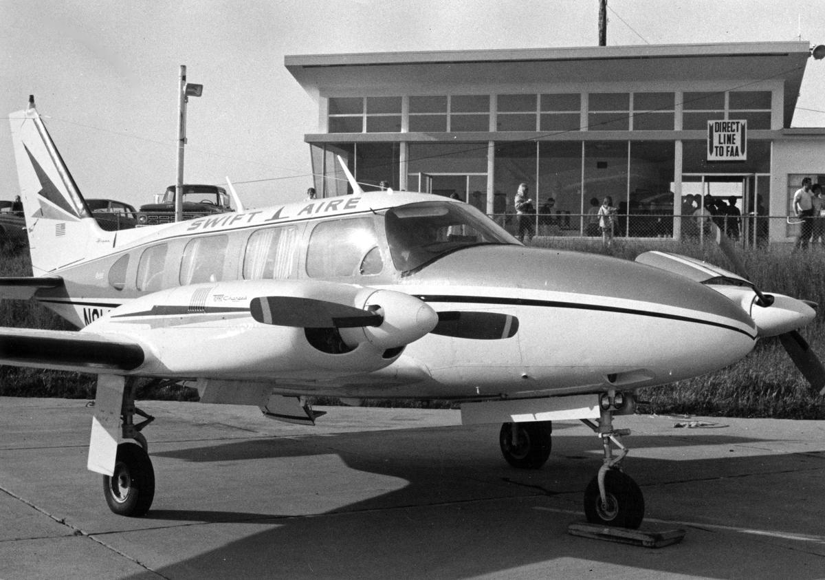 In 1969, John Hurst was the chief pilot for Swift Aire, whose “Executive” plane is seen here in a photo published March 18, 1969, on the flight line for San Luis Obispo duty.