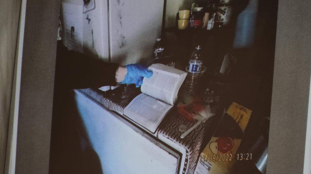 Photos of fentanyl hidden inside a Bible found inside Brandi Turner’s RV during a Nov. 9, 2022, search, were shown in San Luis Obispo Superior Court on Jan. 12, 2024.