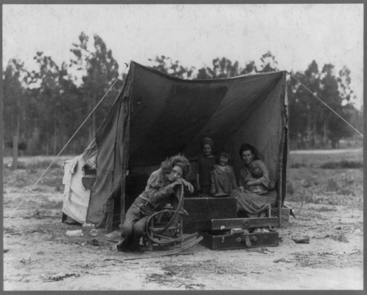 Florence Leona Thompson with her children Norma, Katherine and Ruby in a pea pickers camp on the Nipomo Mesa in 1936. ”Migrant Mother” was an iconic photo of the Great Depression capturing perseverance in the face of hard times.