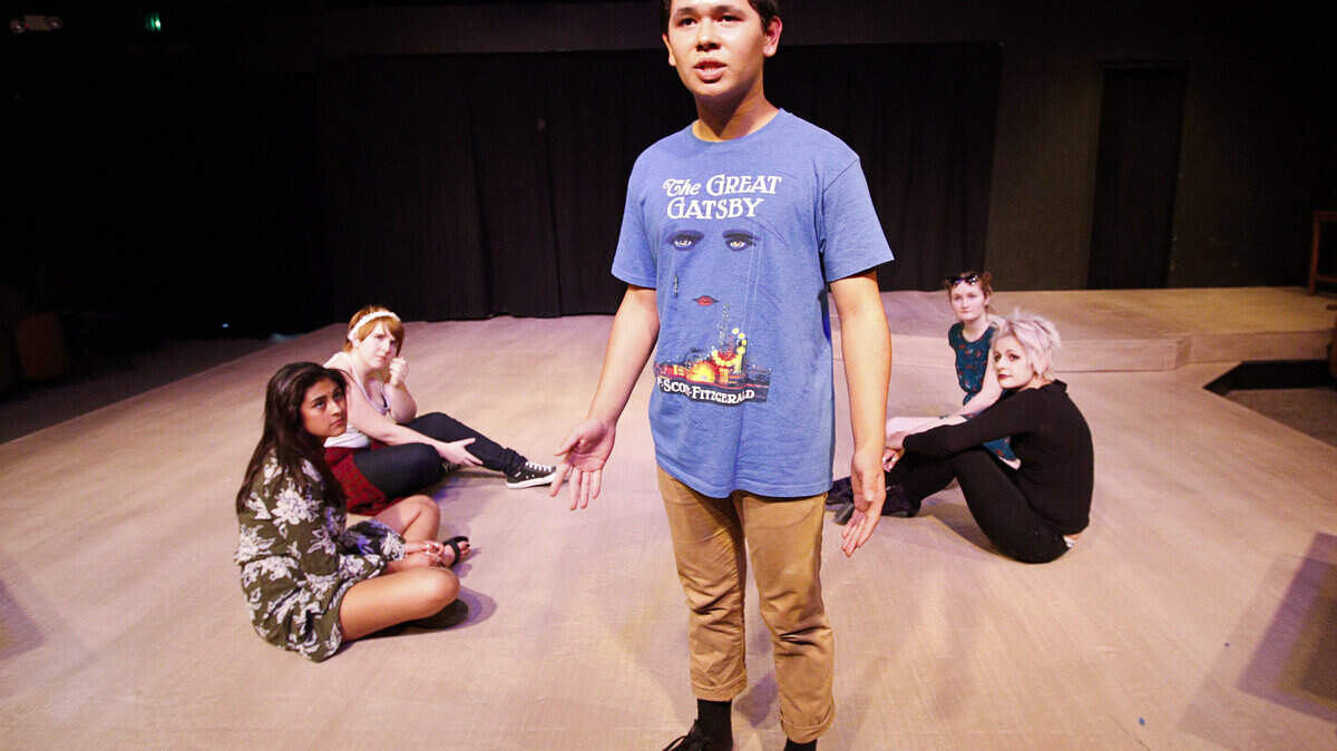 Trevyn Wong, center, along with Mya Paredes, left, Maggy Brown, Libby Wahlmeier and Alex Houlis run through a scene during a rehearsal for "Teen Monologues" at the San Luis Obispo Little Theatre.