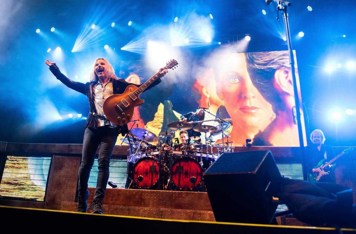Tommy Shaw of Styx performs on stage at the Verizon Wireless Amphitheater on Saturday, June 18, 2018, in Alpharetta, Georgia. Styx will perform at the California Mid-State Fair in Paso Robles on July 28, 2023.