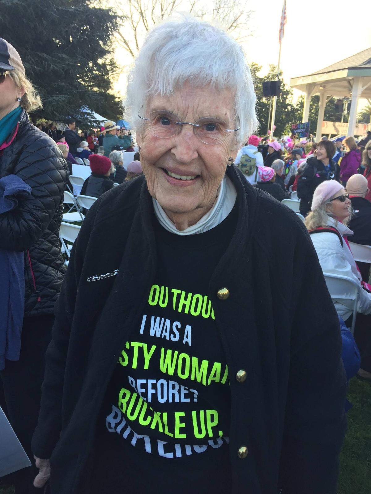 Two-term county supervisor Shirley Bianchi died Friday, Feb. 26, 2021. The sweatshirt she wore to the San Luis Obispo County Women’s March Jan. 21, 2016, following Donald Trump’s election as president reflected her political and personal philosophies of doing what she thought was right, no matter what. It read, ‘You thought I was a fiesty woman before? Buckle up, Buttercup.’
