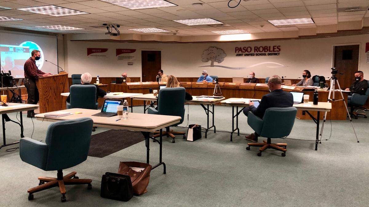 Paso Robles High School teacher Geoffrey Land presents the proposed new curriculum of “Ethnic Studies: Multicultural America,” a new course that may be taught at the North County school in the fall, at a Paso Robles Joint Unified School District meeting on Tuesday, March 23, 2021.