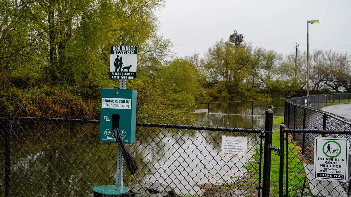 Water pools on the north side of the Arroyo Grande Creek Levee during the storm in Oceano on March 14, 2023. The levee filled over the course of the storm but did not overtop.