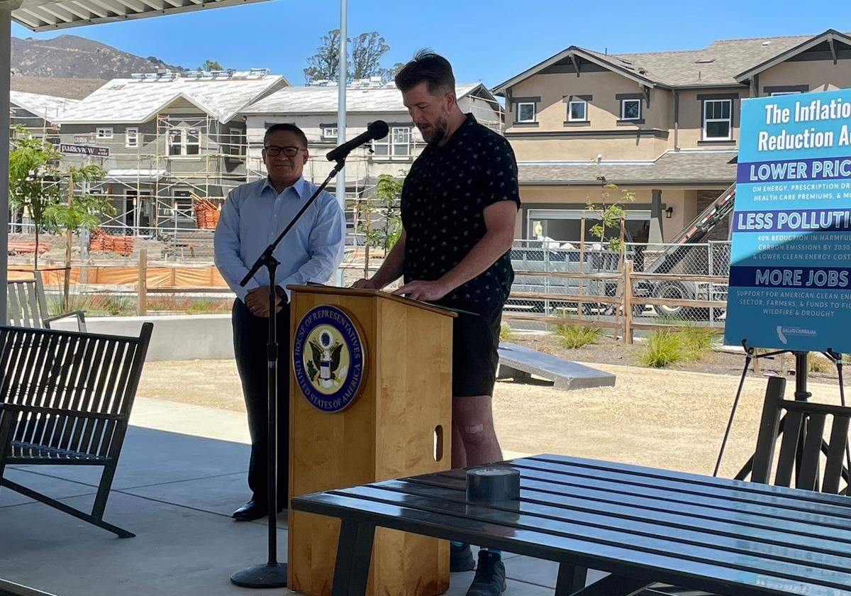 Erin Pearse, an associate professor of mathematics and the interim director of the Initiative for Climate Leadership and Resilience at Cal Poly, speaks at a press conference about the Inflation Reduction Act on Aug. 11, 2022.