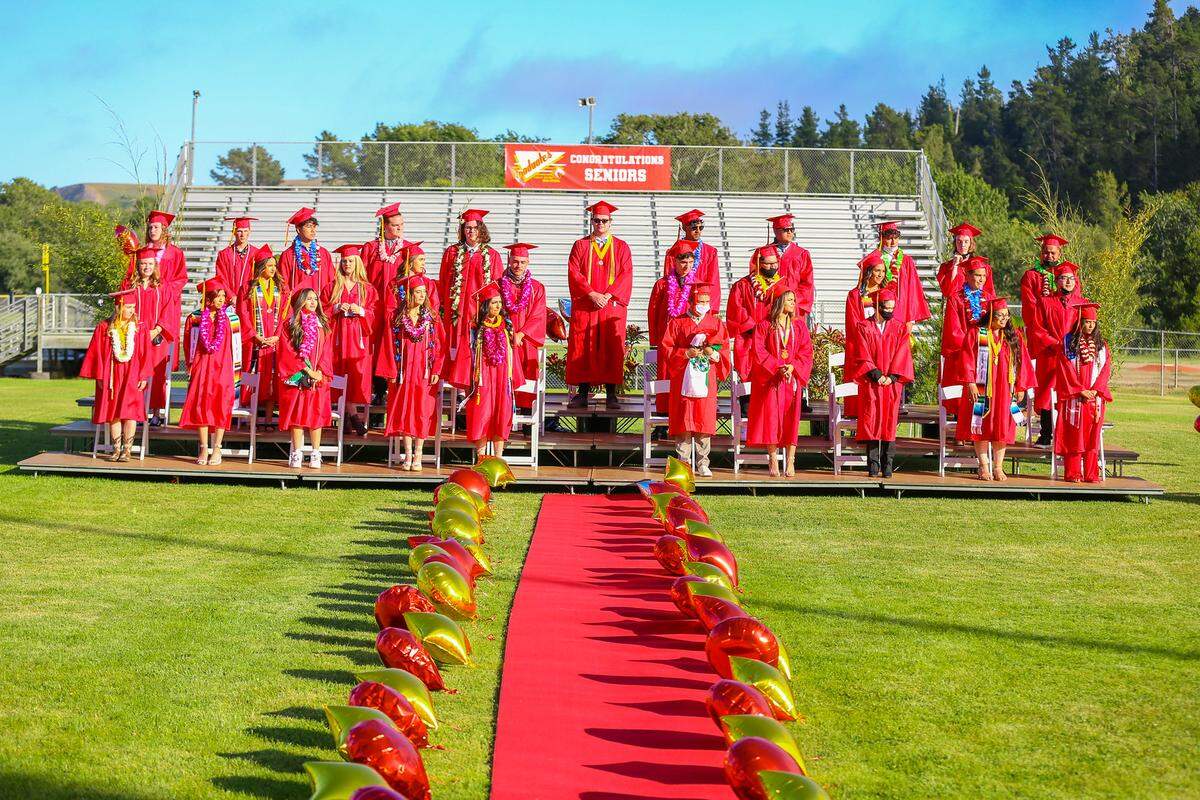 Seniors at Cambria’s Coast Union High School await their graduation ceremony Thursday evening. Commencement was held in the school’s football stadium, rather than the gymnasium, which has been the traditional site.