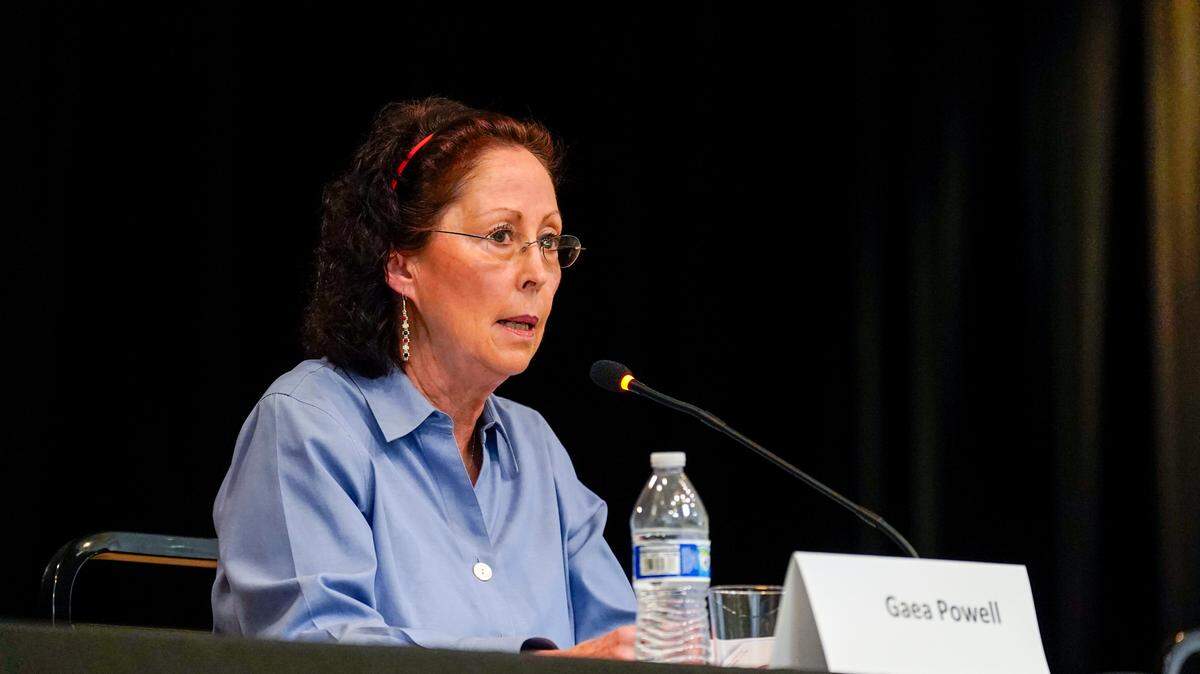 Gaea Powell, a candidate for mayor of Arroyo Grande, speaks at a candidate forum hosted by the League of Women Voters on Thursday, Sept. 19, 2024.
