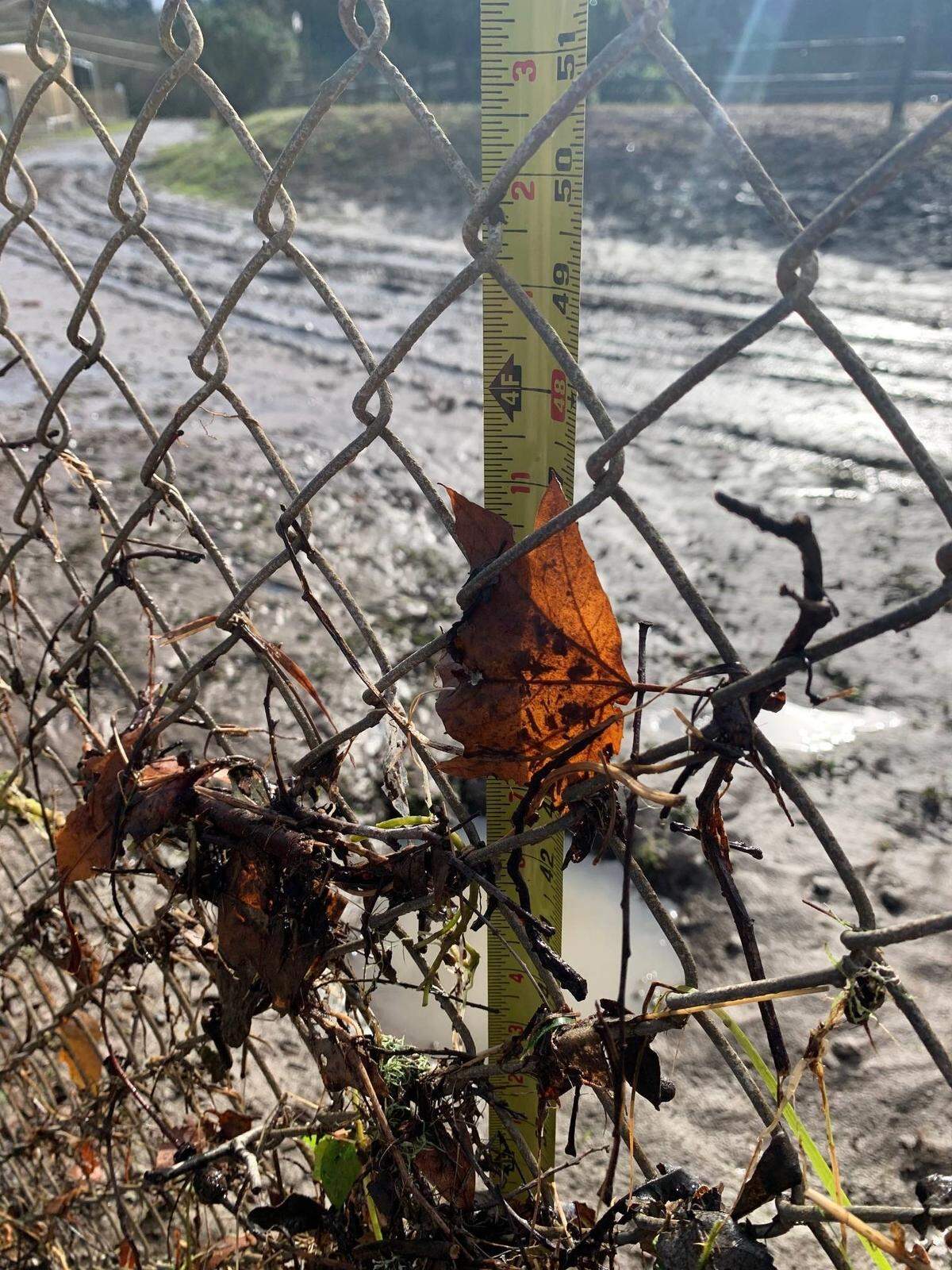 A flood-tossed leaf trapped in Cambria Community Services District fencing marks the high-water level after a January 2021 storm inundated the district’s facilities and resources office on Rodeo Grounds Road. 