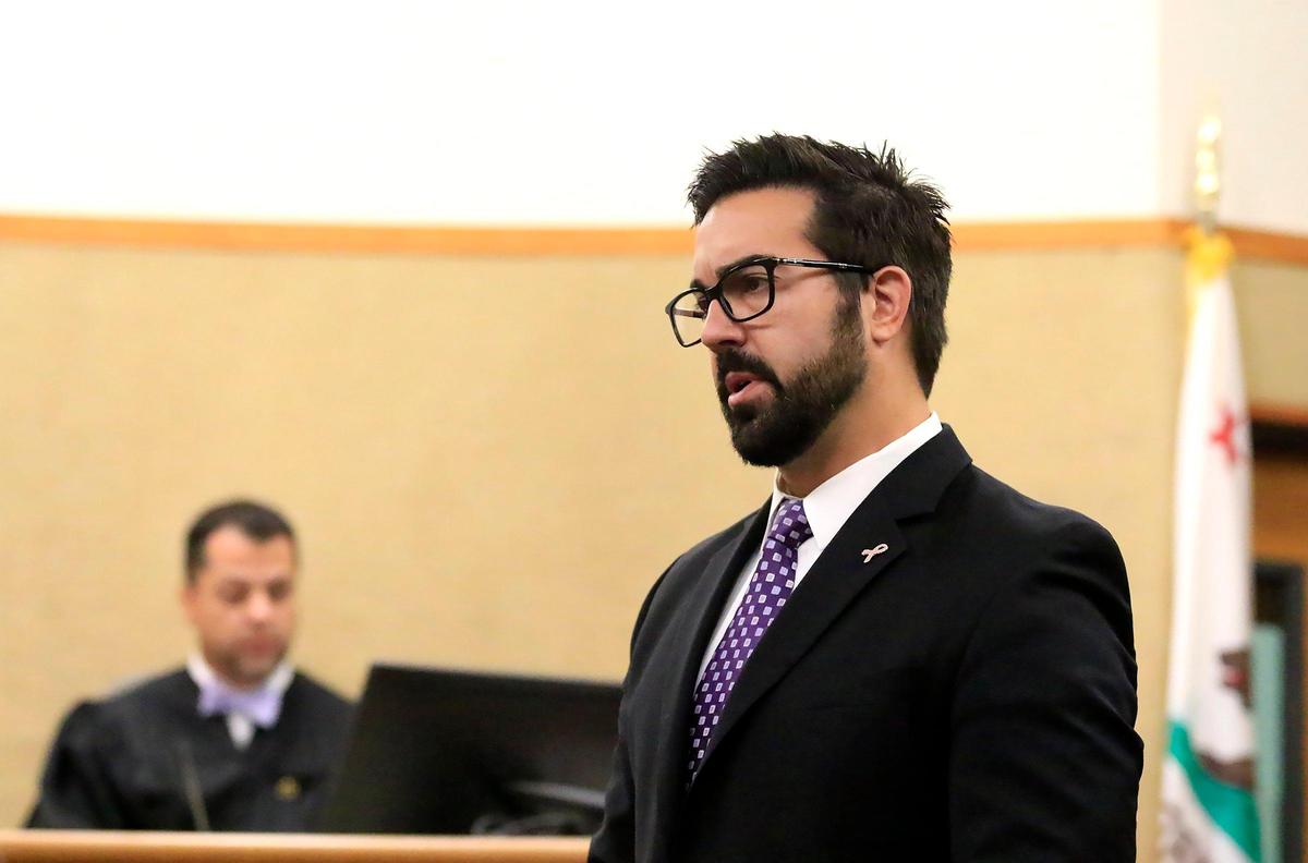Deputy District Attorney Chris White gives his opening statement to the jury Tuesday, Nov. 19, 2019, in the trial of Jason Lamont Fenwick, a former Lyft driver accused of sexually assaulting a rider in November 2018 after dropping her at a Nipomo home. San Luis Obispo Superior court judge Matthew Guerrero listens in the background.