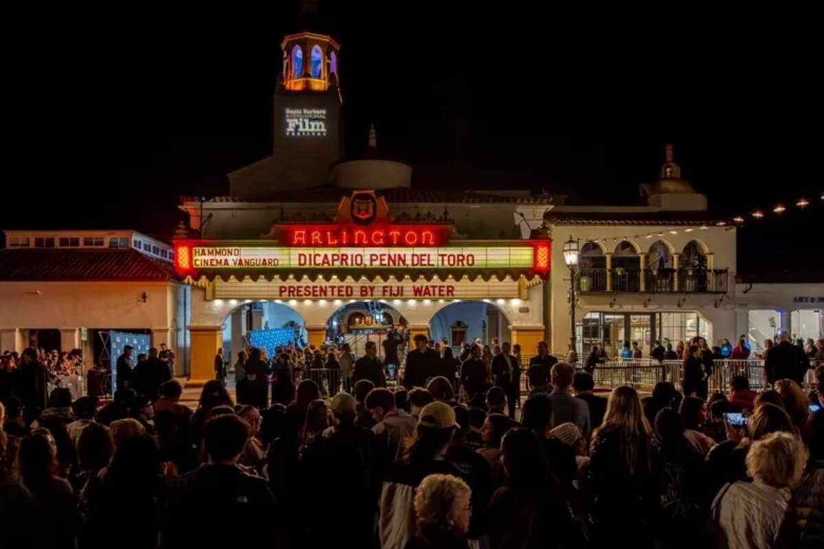 Santa Barbara International Film Festival crowds gather outside the Arlington Theatre on Monday night, Feb. 9, 2026.