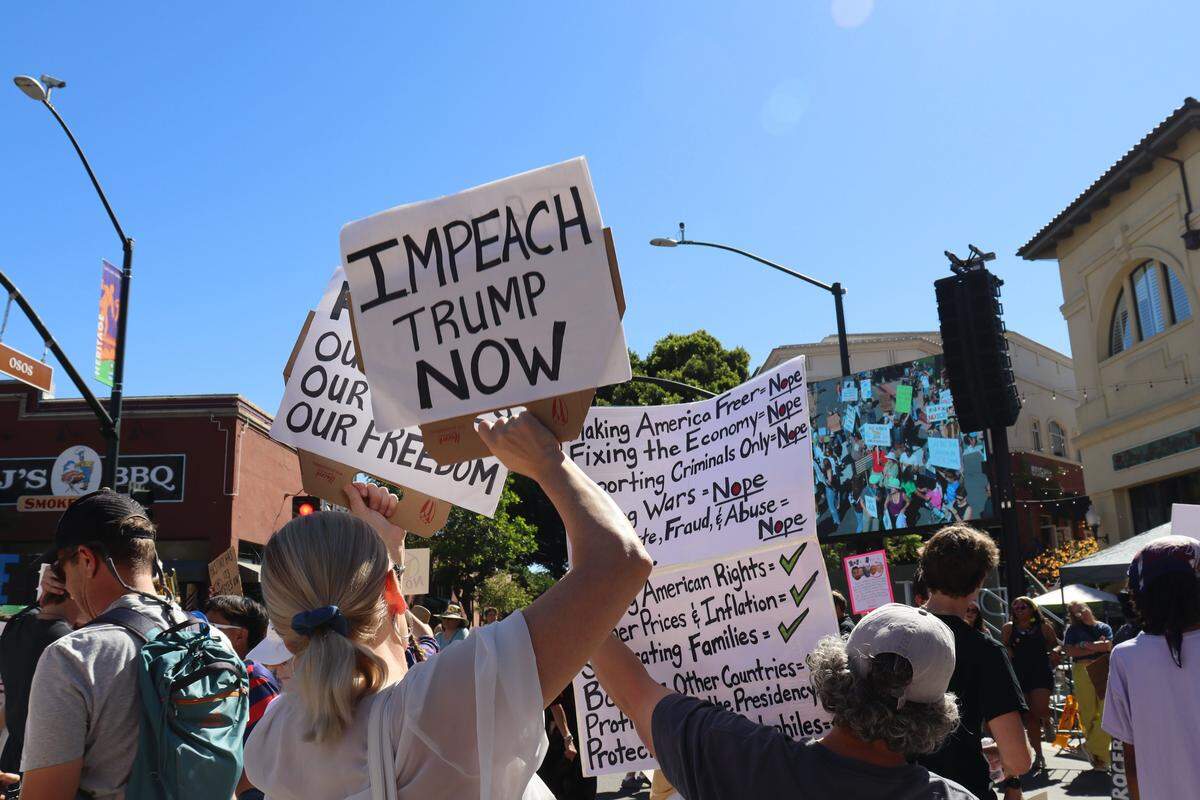 Thousands of people attended the No Kings rally in downtown San Luis Obispo to protest the Trump administration and support Prop. 50 on Oct. 18, 2025.