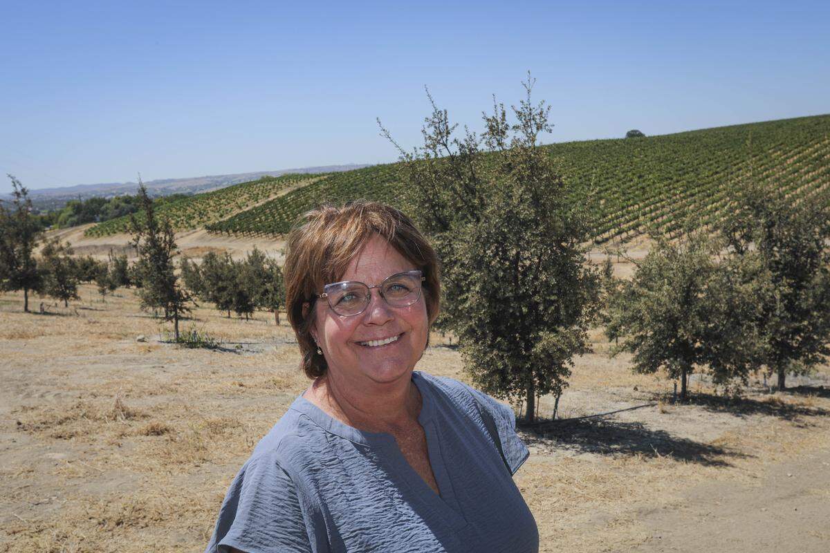 Stasi Seay, director of vineyards for Hope Family Wines at Tufera Farms, a vineyard and oak orchard that produces truffles southeast of Paso Robles on Aug. 27, 2025.