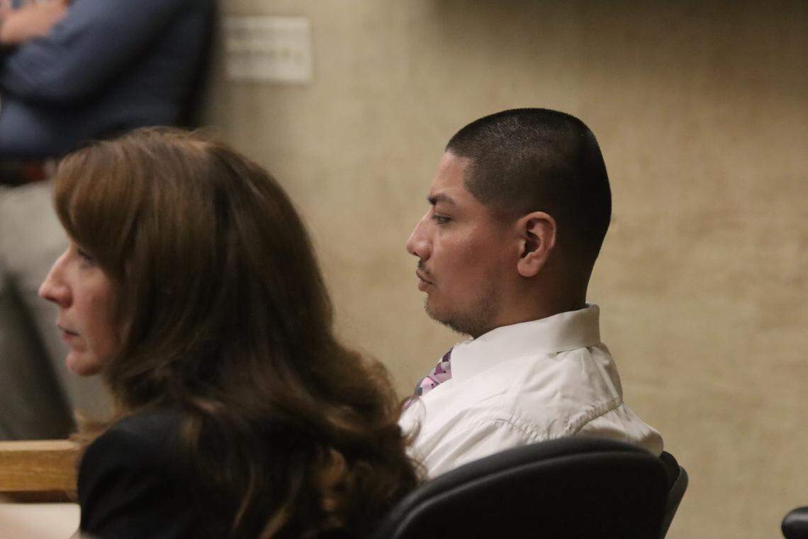 Angel Eduardo Ramos-Ramirez, 31, and his defense attorney Laura Petty, left, seen here in court during his sentencing hearing on April 28, 2026. He was sentenced to 42 years to life in prison for the 2022 murder of Daniel Diaz and the 2021 stabbing of Abel Cortez-Moreno.