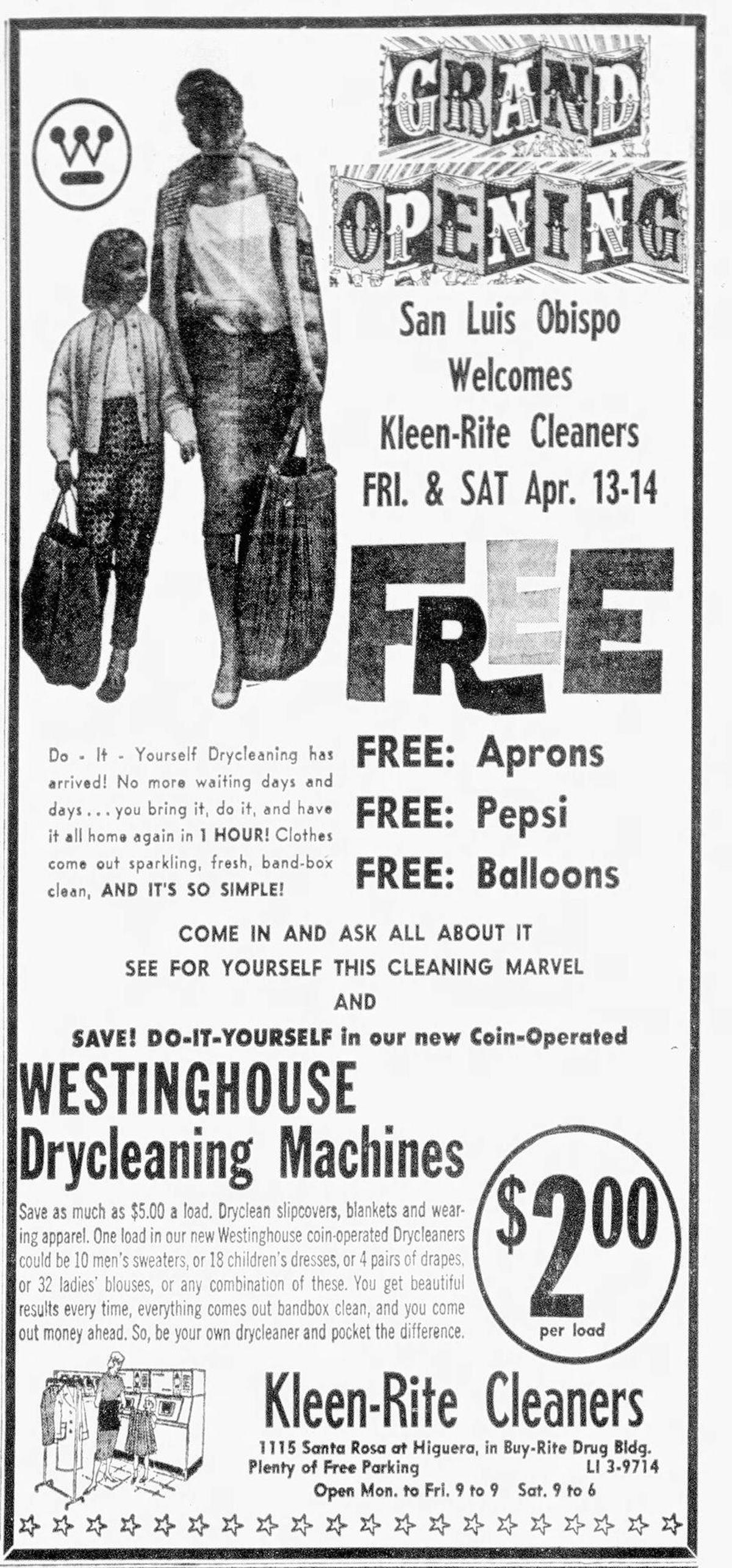 This advertisement for Kleen-Rite Cleaners’ grand opening ran in The Telegram-Tribune on April 11, 1962.