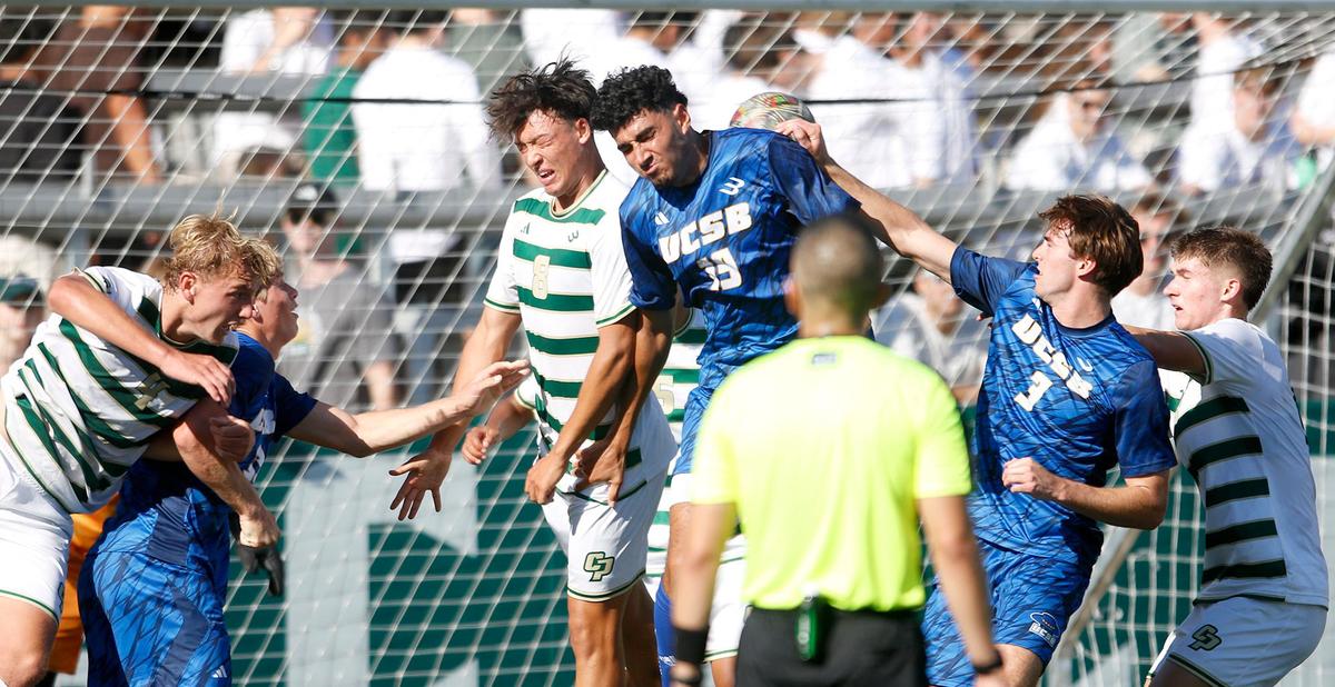Cal Poly beat UC Santa Barbara 2-0 in the annual Blue-Green Rivalry soccer game on Sept. 28, 2024. Cal Poly’s Diego Guerra goes for a header with UC Santa Barbara’s Andrew Kamienski.